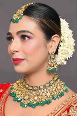 Green Gold Tone Kundan Enameled  Necklace Sets With Maang Tikka