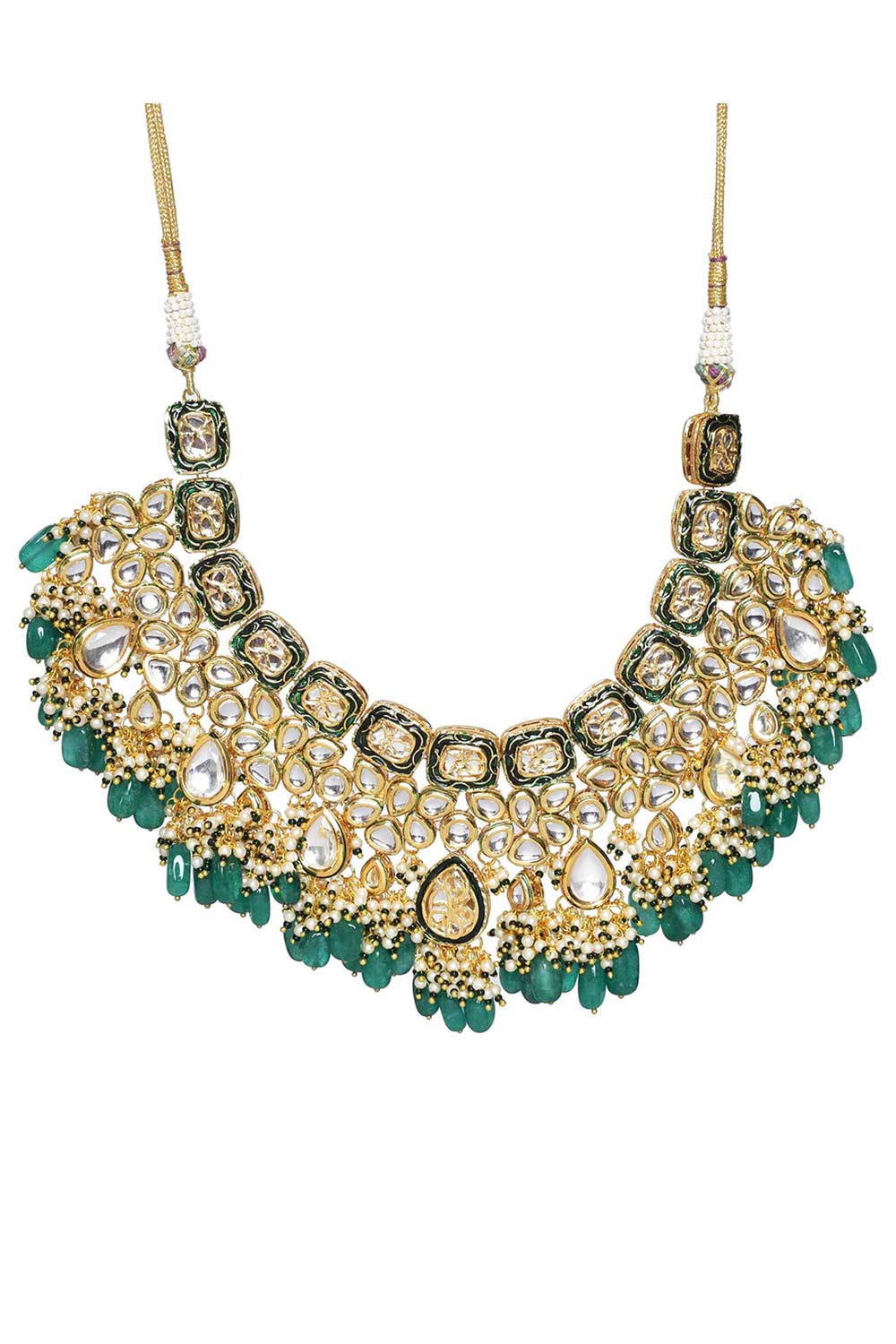 Green Gold Tone Kundan Enameled  Necklace Sets With Maang Tikka