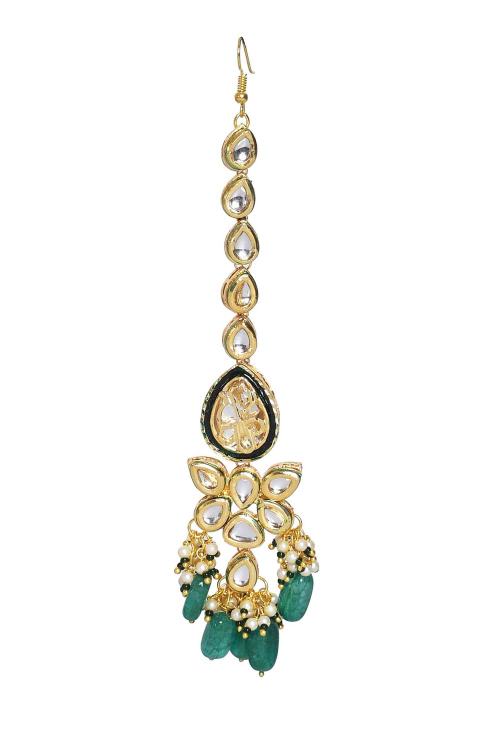 Green Gold Tone Kundan Enameled  Necklace Sets With Maang Tikka