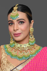 Green Enameled Kundan Maharani Necklace Sets With Maang Tikka