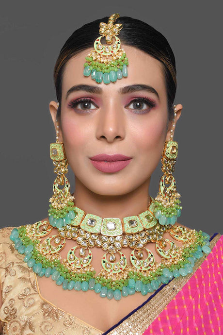Green Enameled Kundan Maharani Necklace Sets With Maang Tikka