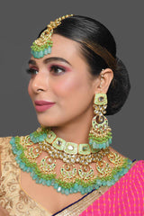 Green Enameled Kundan Maharani Necklace Sets With Maang Tikka