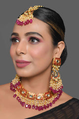 Kundan Inspired Mahroon Enameled Necklace Sets With Maang Tikka