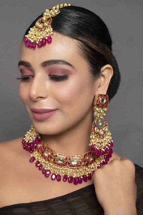 Kundan Inspired Mahroon Enameled Necklace Sets With Maang Tikka