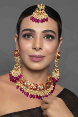 Kundan Inspired Mahroon Enameled Necklace Sets With Maang Tikka