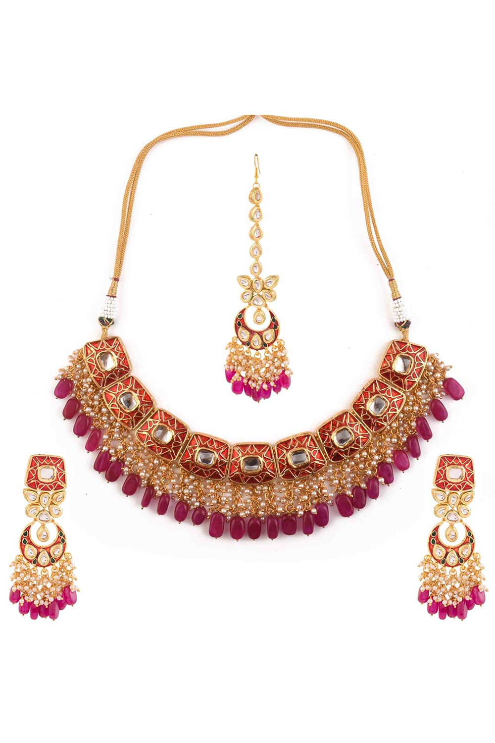 Kundan Inspired Mahroon Enameled Necklace Sets With Maang Tikka