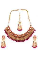 Kundan Inspired Mahroon Enameled Necklace Sets With Maang Tikka