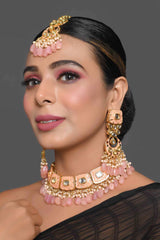 Handcrafted Kundan Peach Enameled Necklace Sets With Maang Tikka