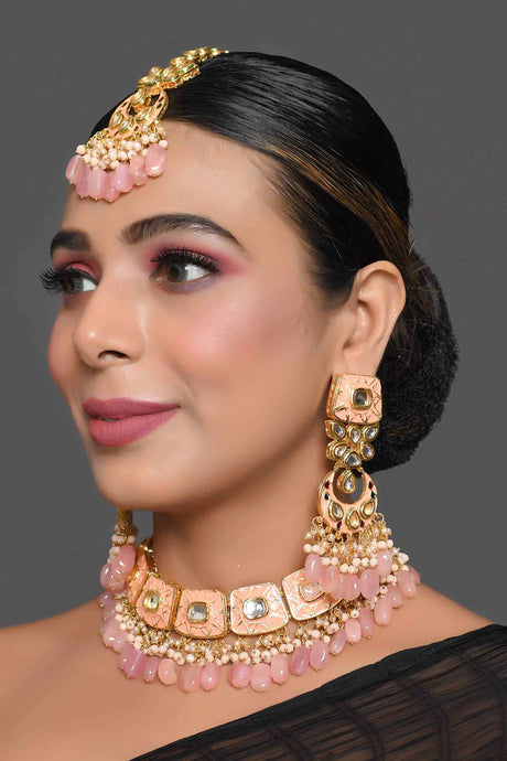 Handcrafted Kundan Peach Enameled Necklace Sets With Maang Tikka