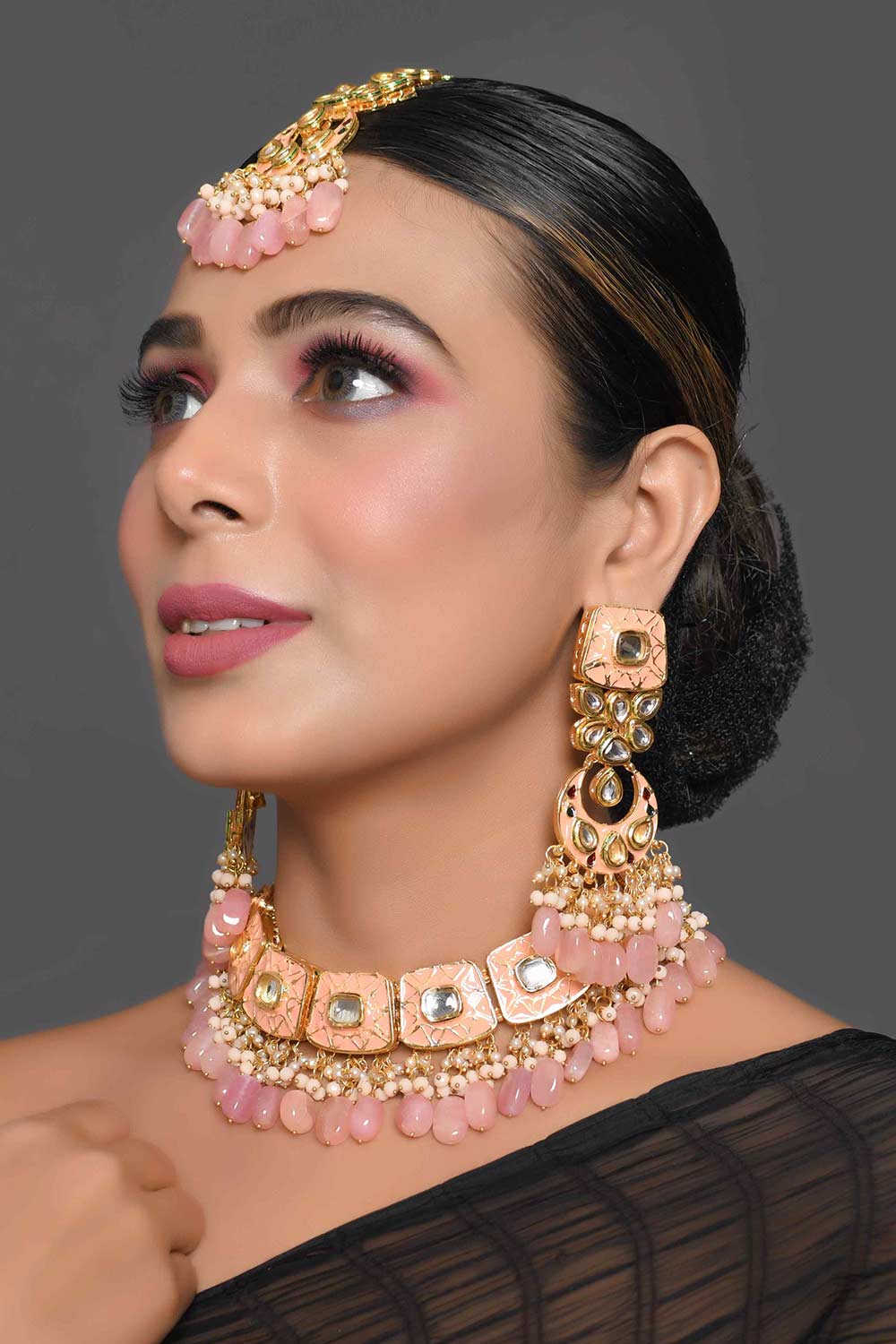 Handcrafted Kundan Peach Enameled Necklace Sets With Maang Tikka