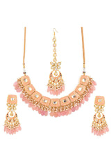 Handcrafted Kundan Peach Enameled Necklace Sets With Maang Tikka