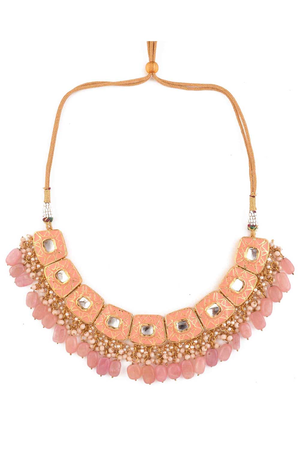 Handcrafted Kundan Peach Enameled Necklace Sets With Maang Tikka