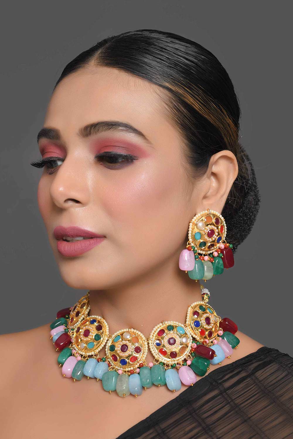 Navratan Kundan Inspired Necklace With Earrings