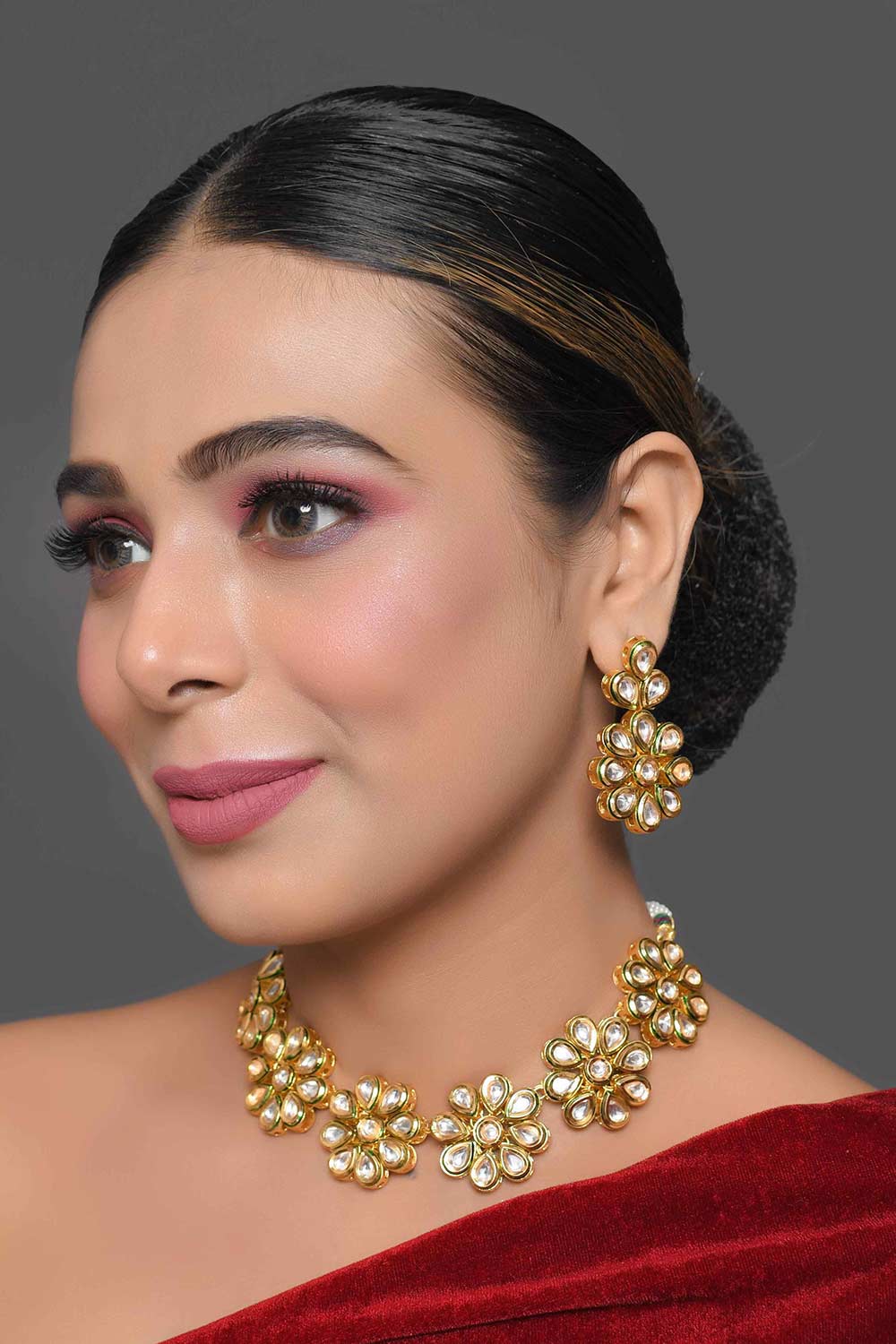 Handcrafted Floral Kundan Necklace With Earrings