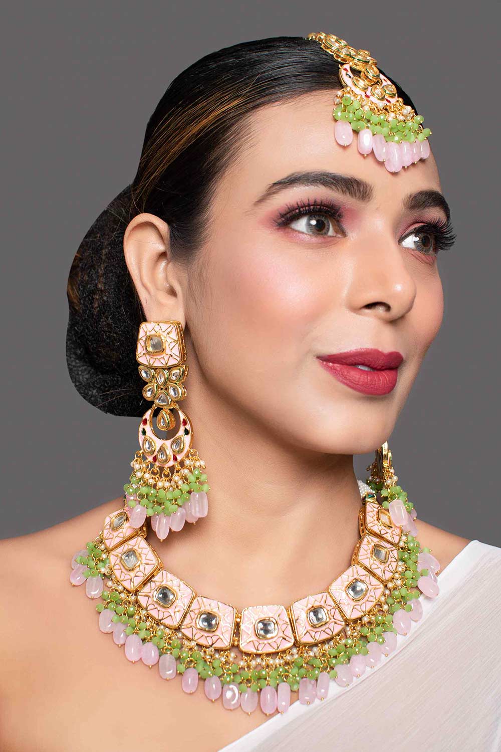 Pink Enameled Kundan Necklace Sets With Maang Tikka