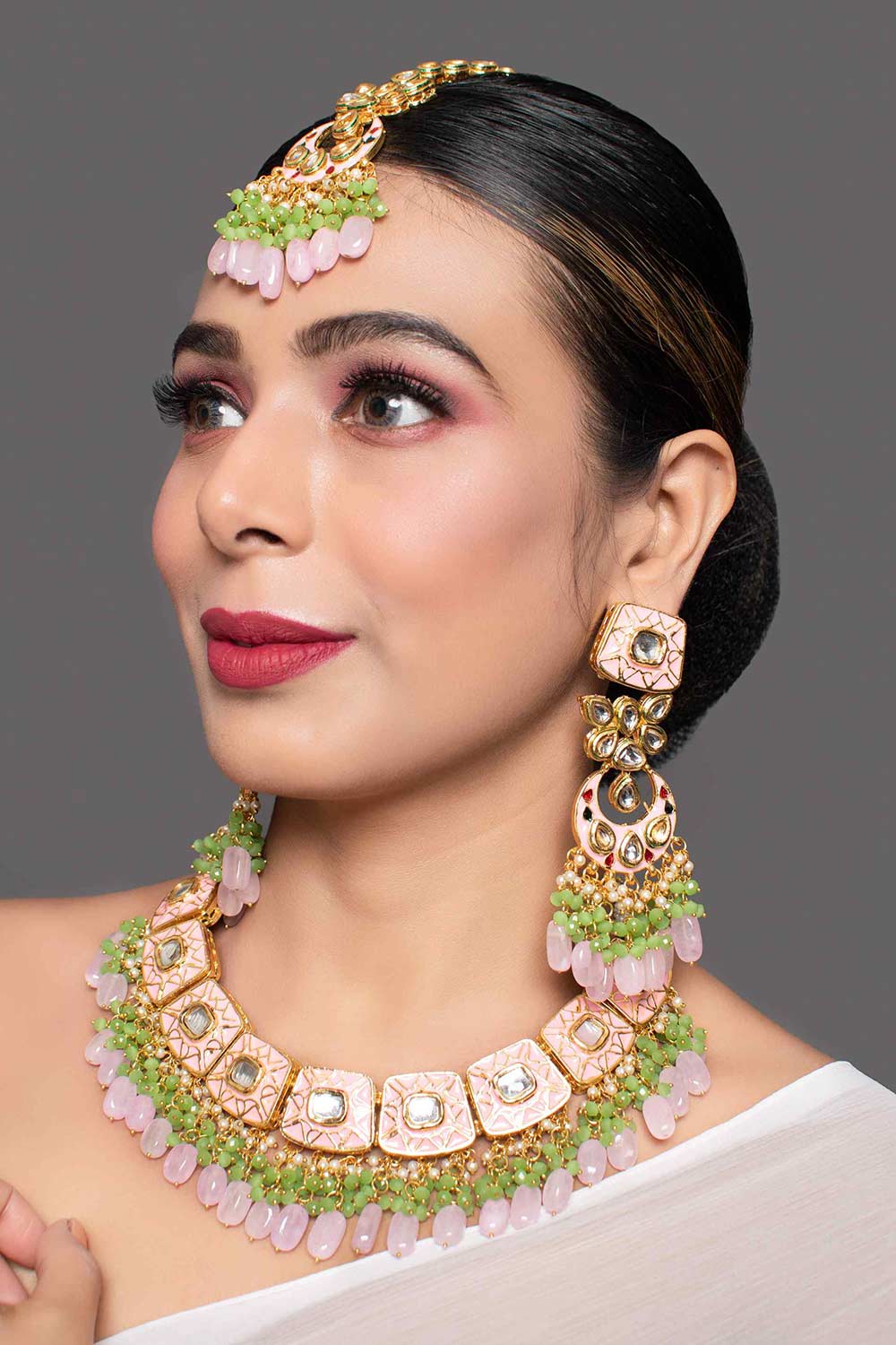 Pink Enameled Kundan Necklace Sets With Maang Tikka