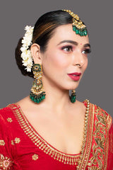 Handcrafted Kundan Emerald Beaded Earrings With Maangtikka