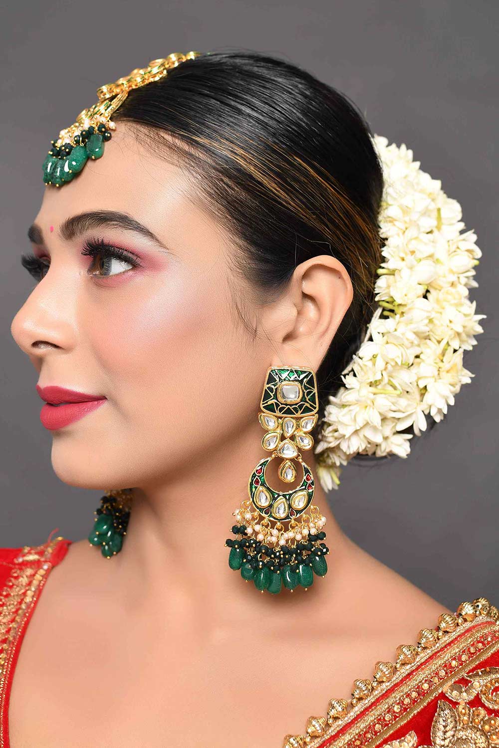 Handcrafted Kundan Emerald Beaded Earrings With Maangtikka