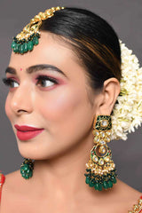 Handcrafted Kundan Emerald Beaded Earrings With Maangtikka