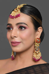 Kundan Inspired Mahroon Enameled Earrings With Maangtikka