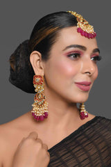 Kundan Inspired Mahroon Enameled Earrings With Maangtikka