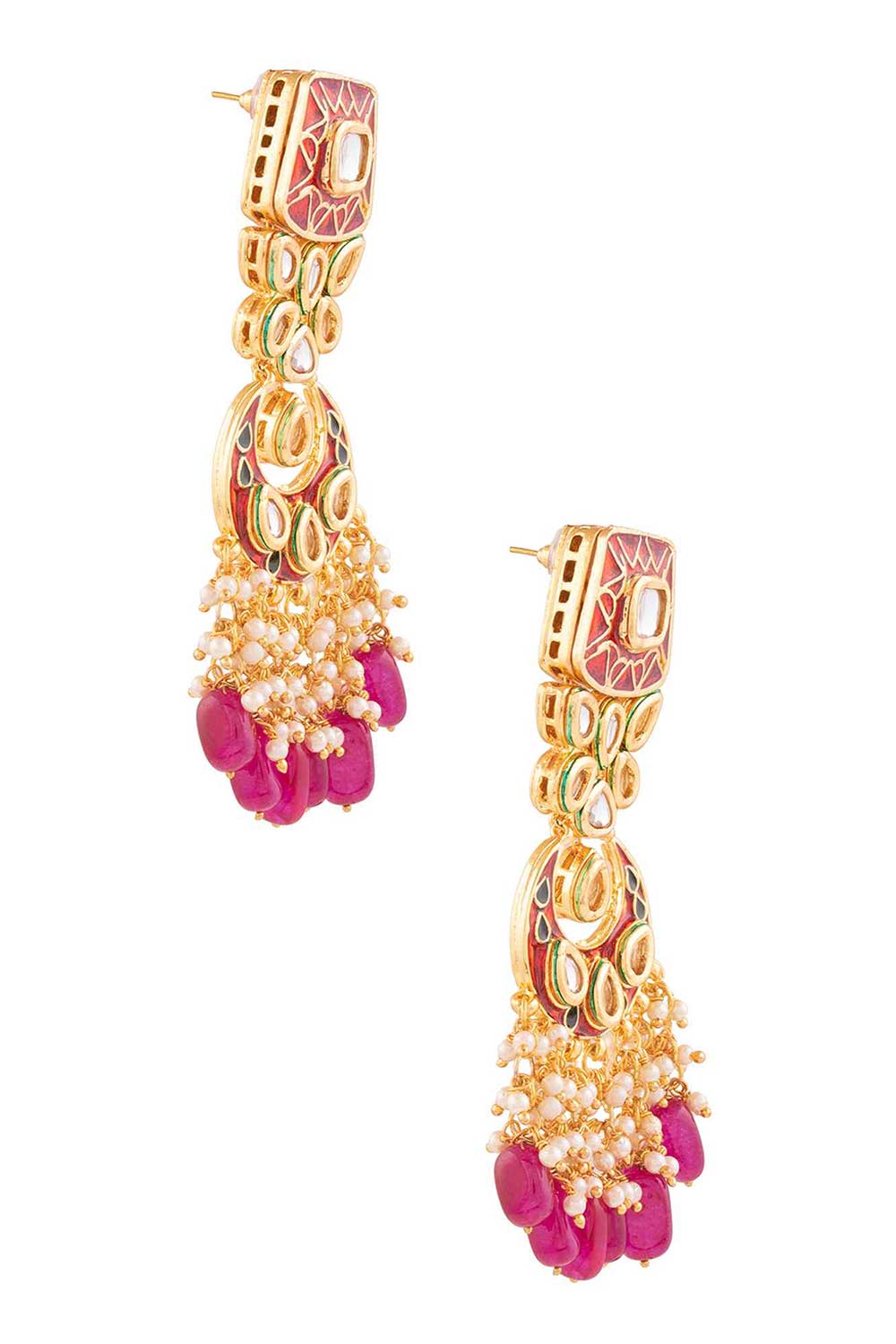 Kundan Inspired Mahroon Enameled Earrings With Maangtikka