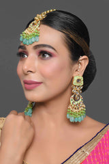 Green Enameled Kundan Earrings With Maangtikka