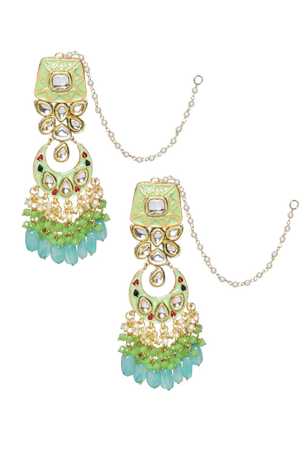 Green Enameled Kundan Earrings With Maangtikka