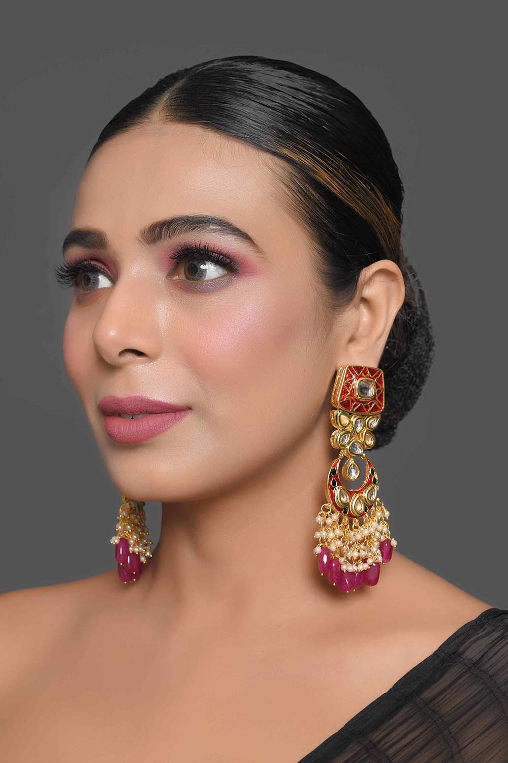 Kundan Inspired Mahroon Enameled Earrings