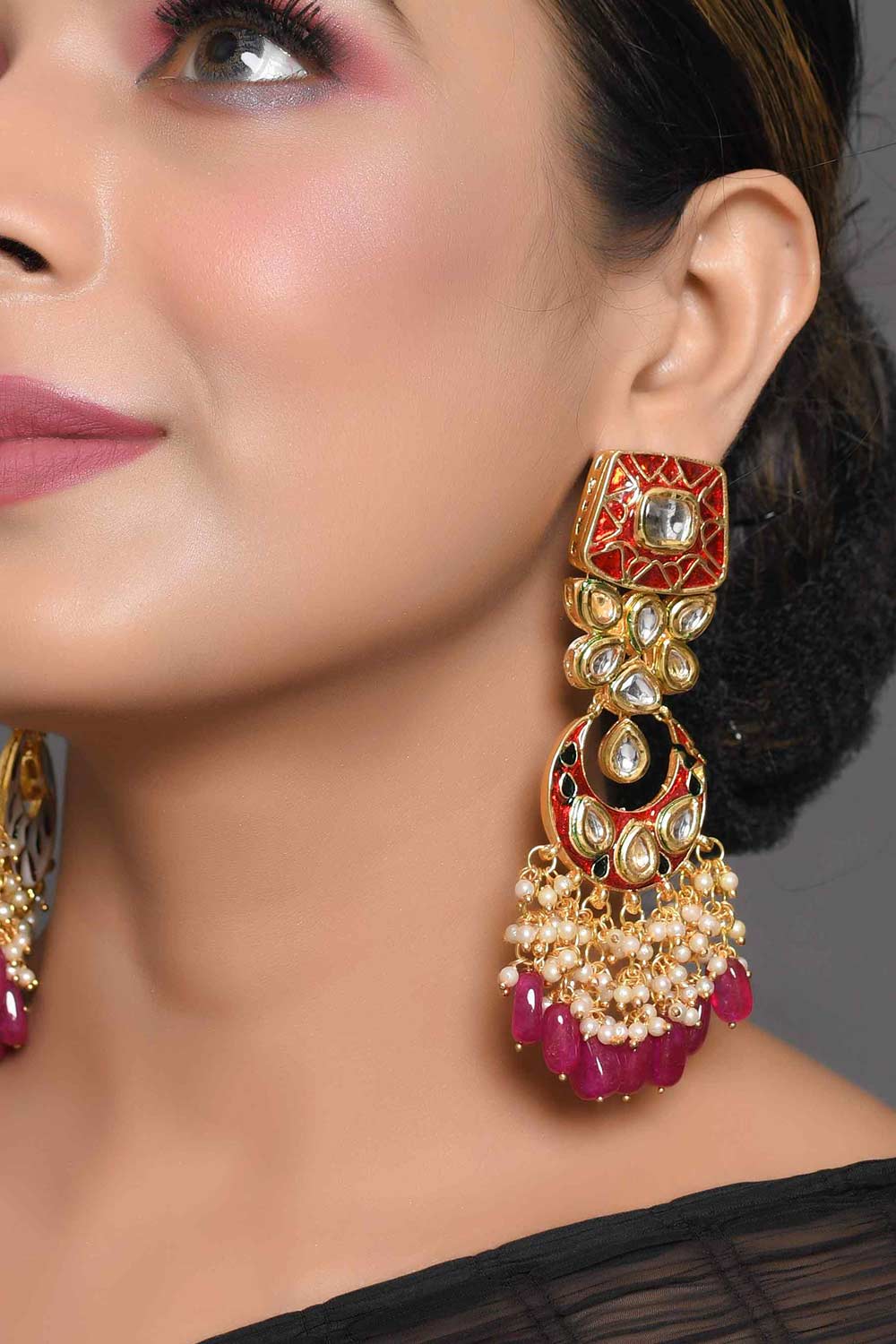 Kundan Inspired Mahroon Enameled Earrings