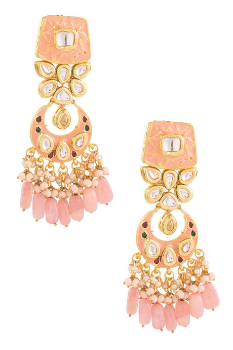 Peach Enameled Kundan Studded Earrings
