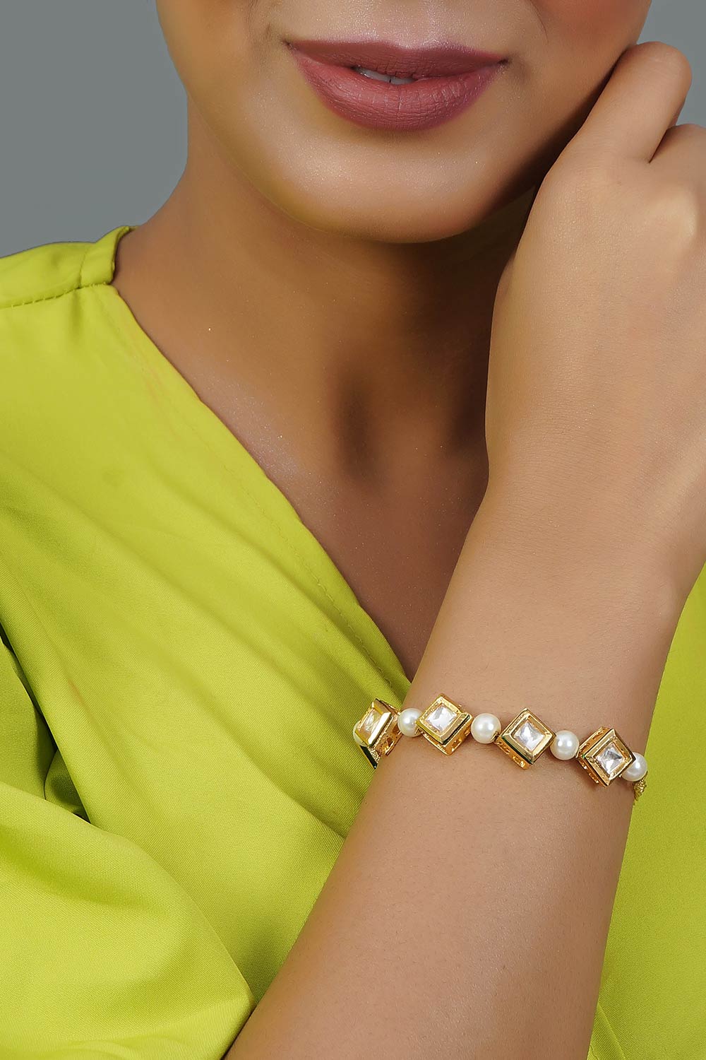 White Gold Tone Kundan Inspired Pearl Bracelet