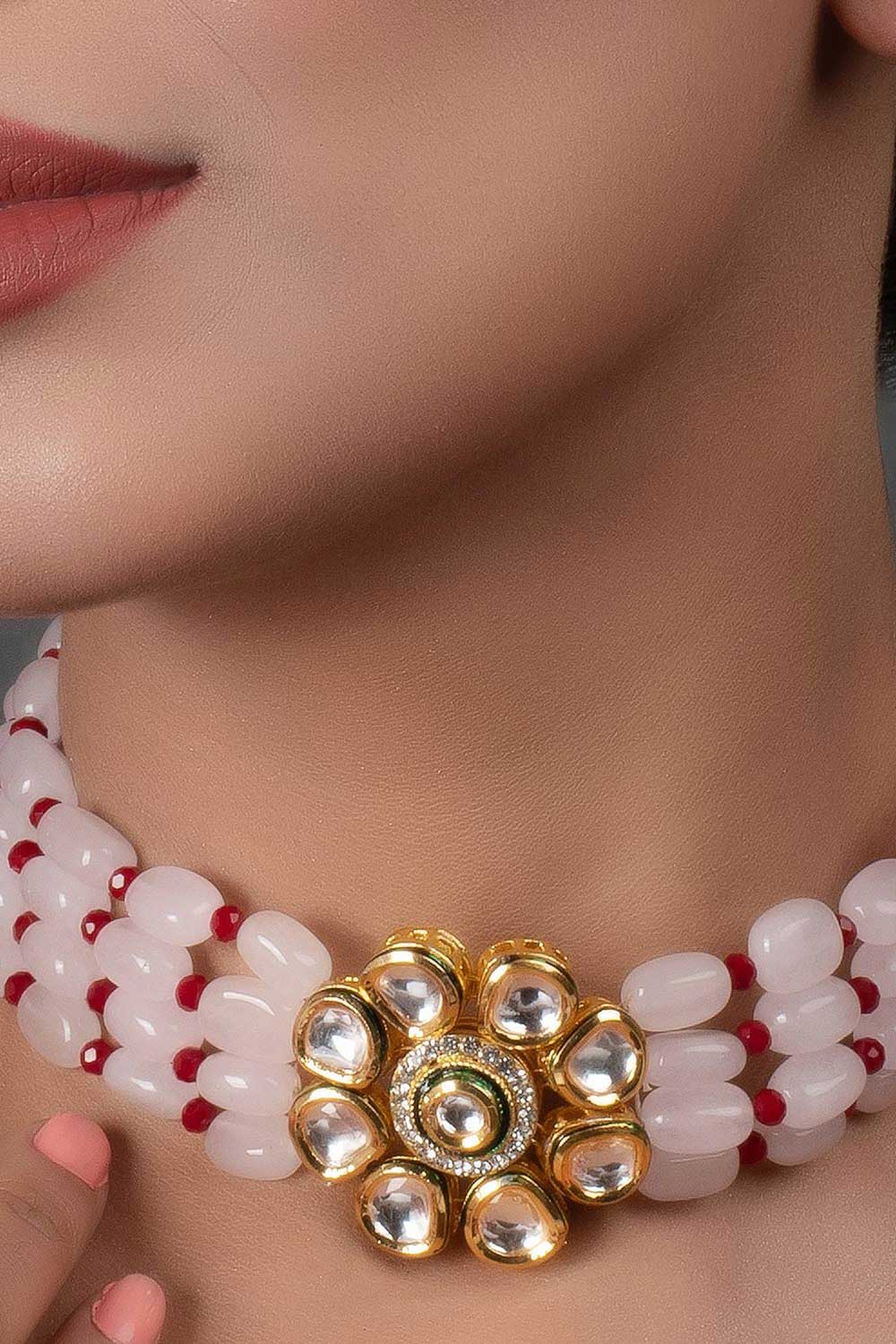 Pastel Pink Mahroon Beaded Gold Tone Kundan Inspired Choker