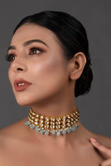 Blue Gold Tone Kundan Beaded Choker Necklace