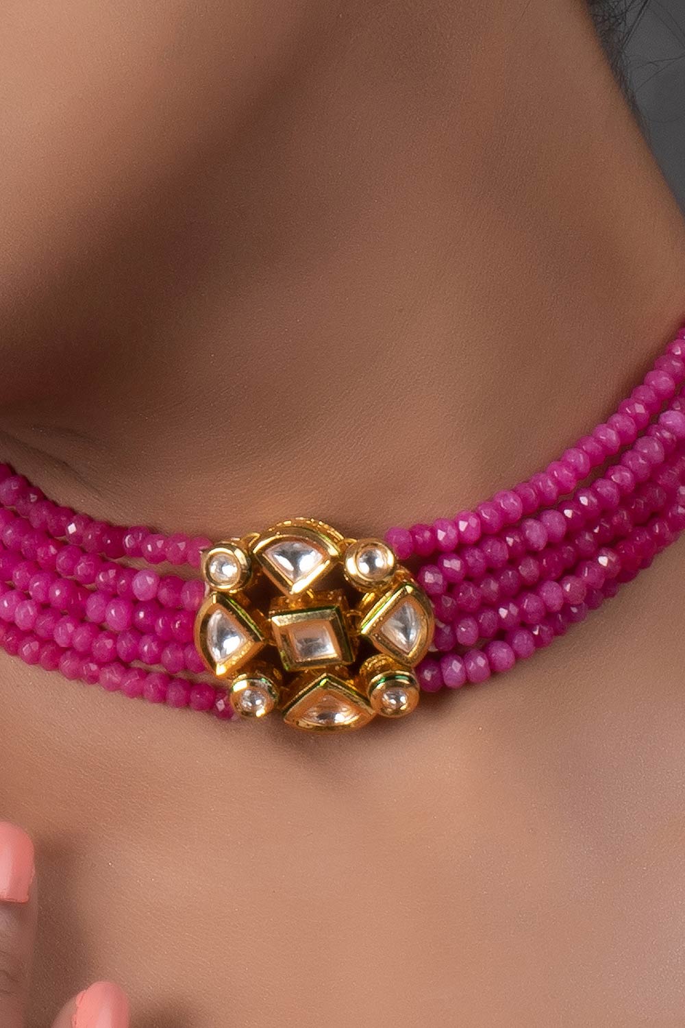 Pink Gold Tone Kundan Beaded Choker Necklace With Earrings