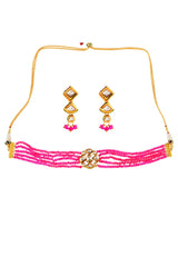 Pink Gold Tone Kundan Beaded Choker Necklace With Earrings