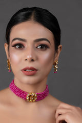 Pink Gold Tone Kundan Beaded Choker Necklace With Earrings