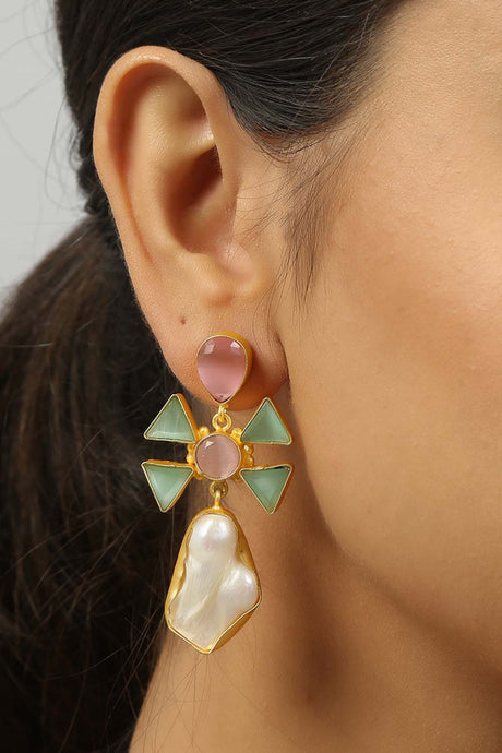 Pink Green Monalisa Stone and Baroque Pearl Earrings