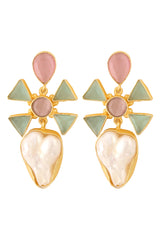 Pink Green Mona Lisa Stone And Baroque Pearl Earrings