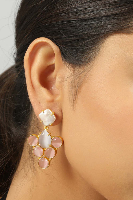 Grey Pink Monalisa Stone and Fresh Water Pearl Earrings