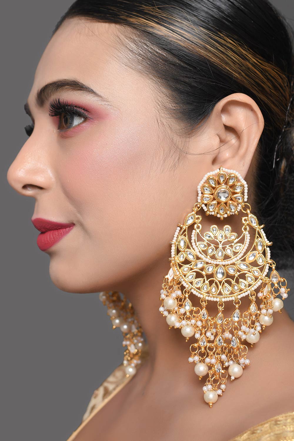 Gold Toned Kundan Chandbali With Pearl