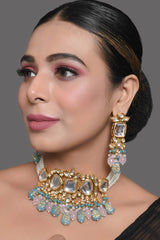 Blue And Pink Tanjore Beaded Kundan Necklace With Earrings