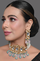 Blue And Pink Tanjore Beaded Kundan Necklace With Earrings