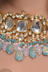 Blue And Pink Tanjore Beaded Kundan Necklace With Earrings