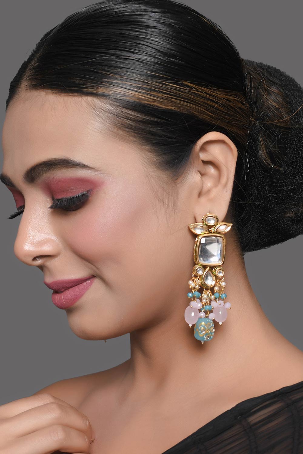 Pastel Blue & Pink Beaded Handcrafted Kundan Earrings