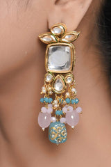 Pastel Blue & Pink Beaded Handcrafted Kundan Earrings