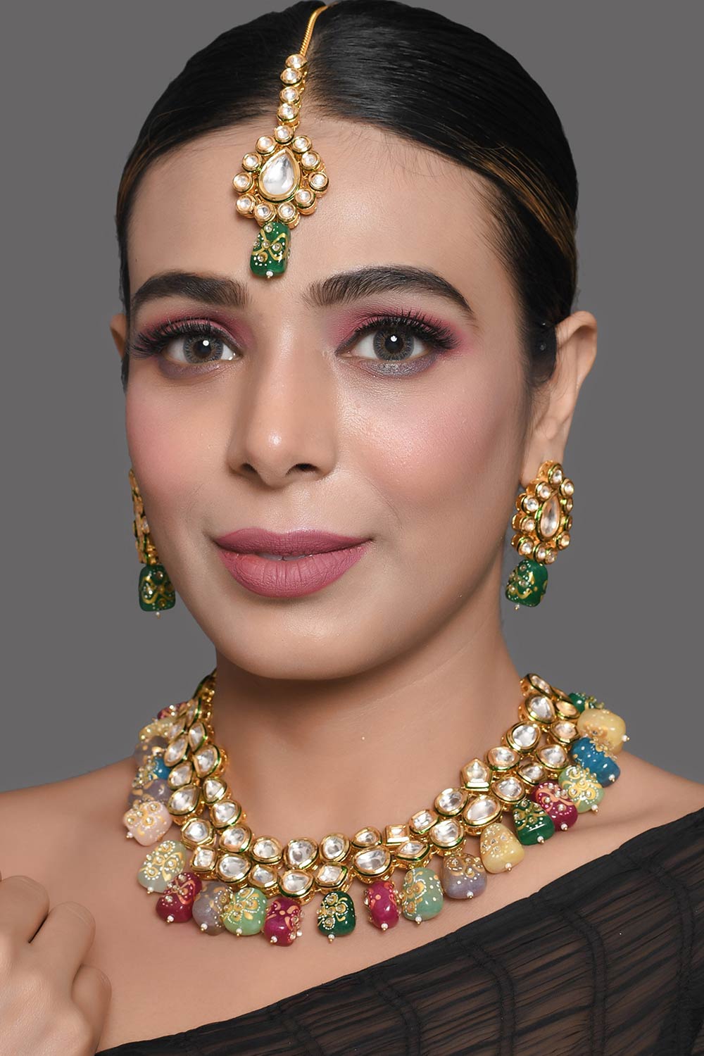 Multicolored Beaded Kundan Necklace With Earrings & Mang Tikka