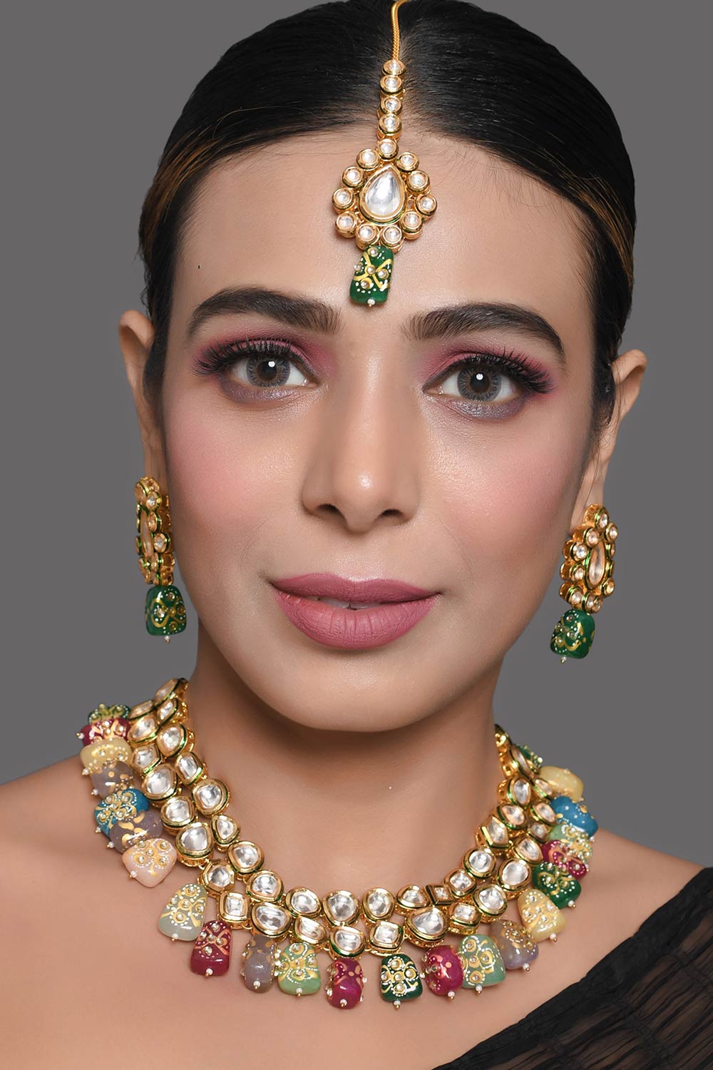 Multicolored Beaded Kundan Necklace With Earrings & Mang Tikka