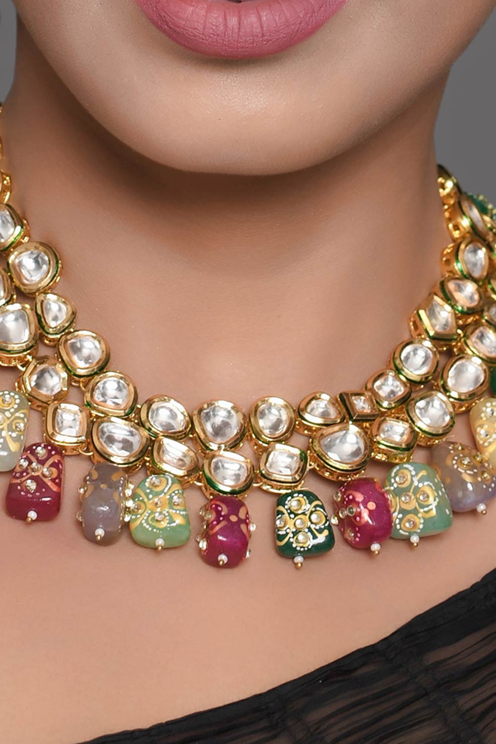 Multicolored Beaded Kundan Necklace With Earrings & Mang Tikka