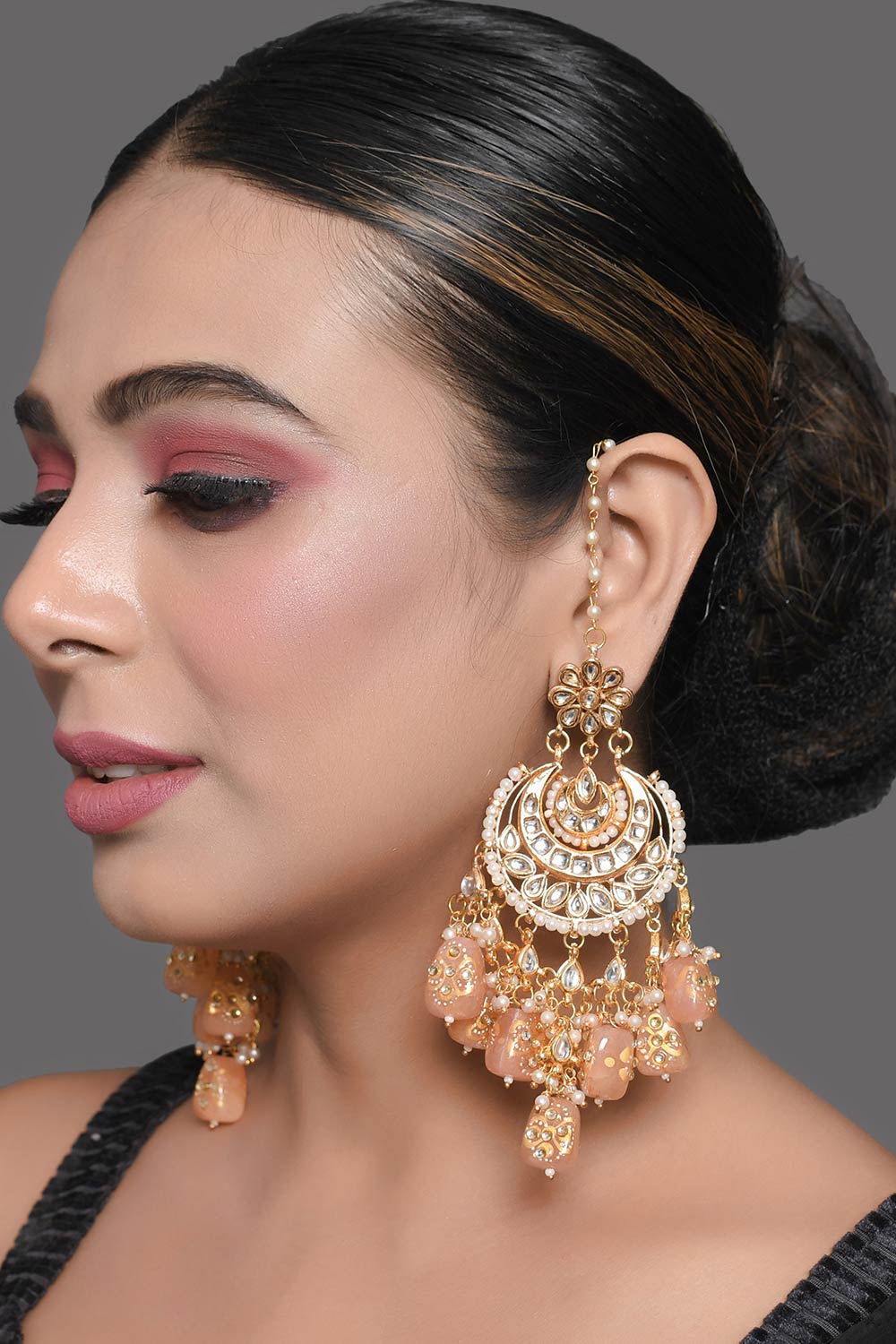 Peach Gold Tone Kundan Inspired Chandbali Earrings